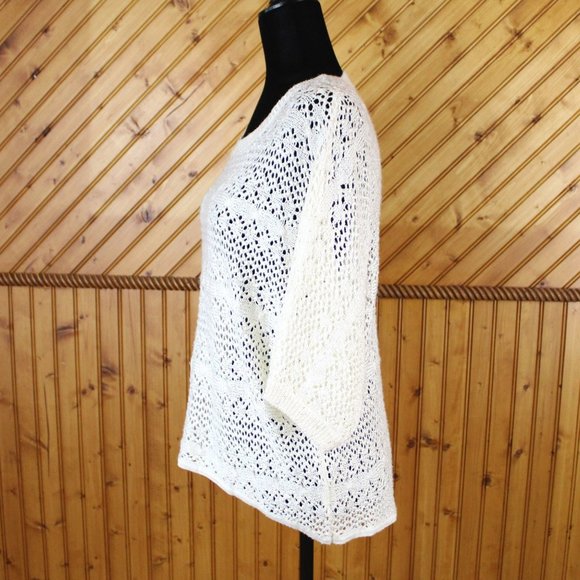 La Chapelle Sport Sweater White Silver Sequins Open Knit Large High Low CA136 - Picture 3 of 11